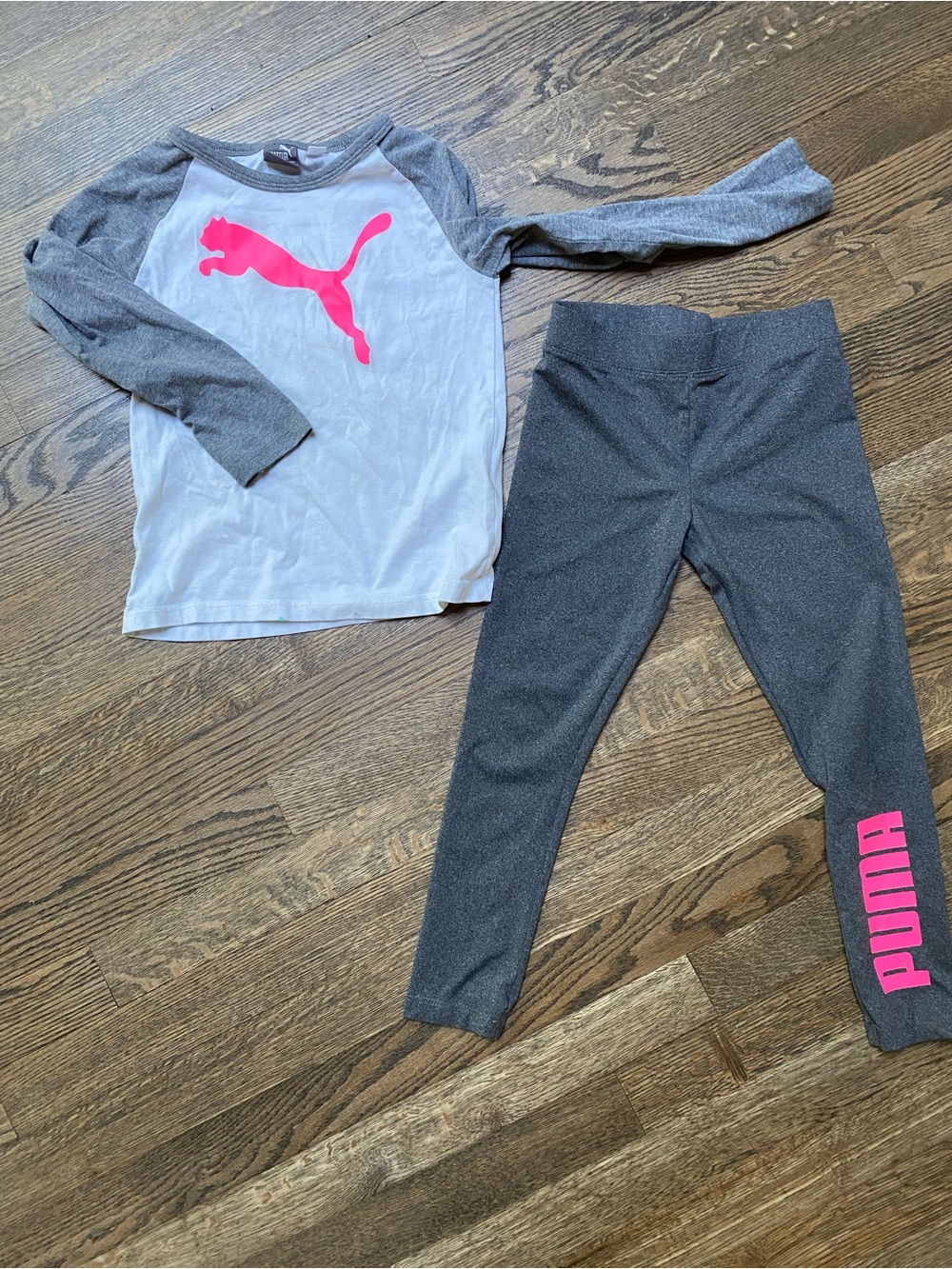 Puma Girls Gray & White Top with Pink Logo + Gray Leggings size 5-6